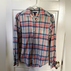 Mens Gap red and Blue Plaid Linen Blend long sleeve shirt - small slim fit